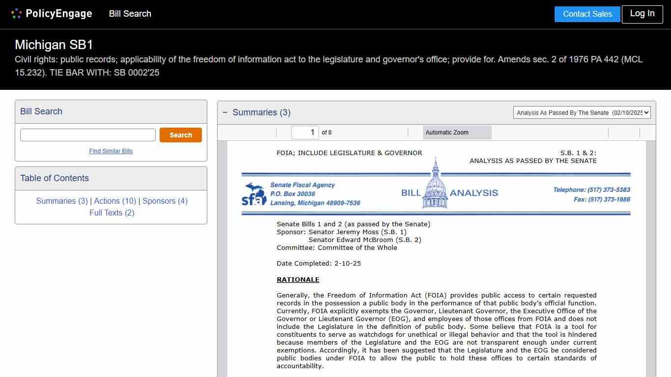 SB1 Michigan 2025-2026 Civil rights: public records; applicability of the freedom of information act to the legislature and governor's office; provide for. Amends sec. 2 of 1976 PA 442 (MCL 15.232). TIE BAR WITH: SB 0002'25 - Legislative Tracking PolicyEngage
